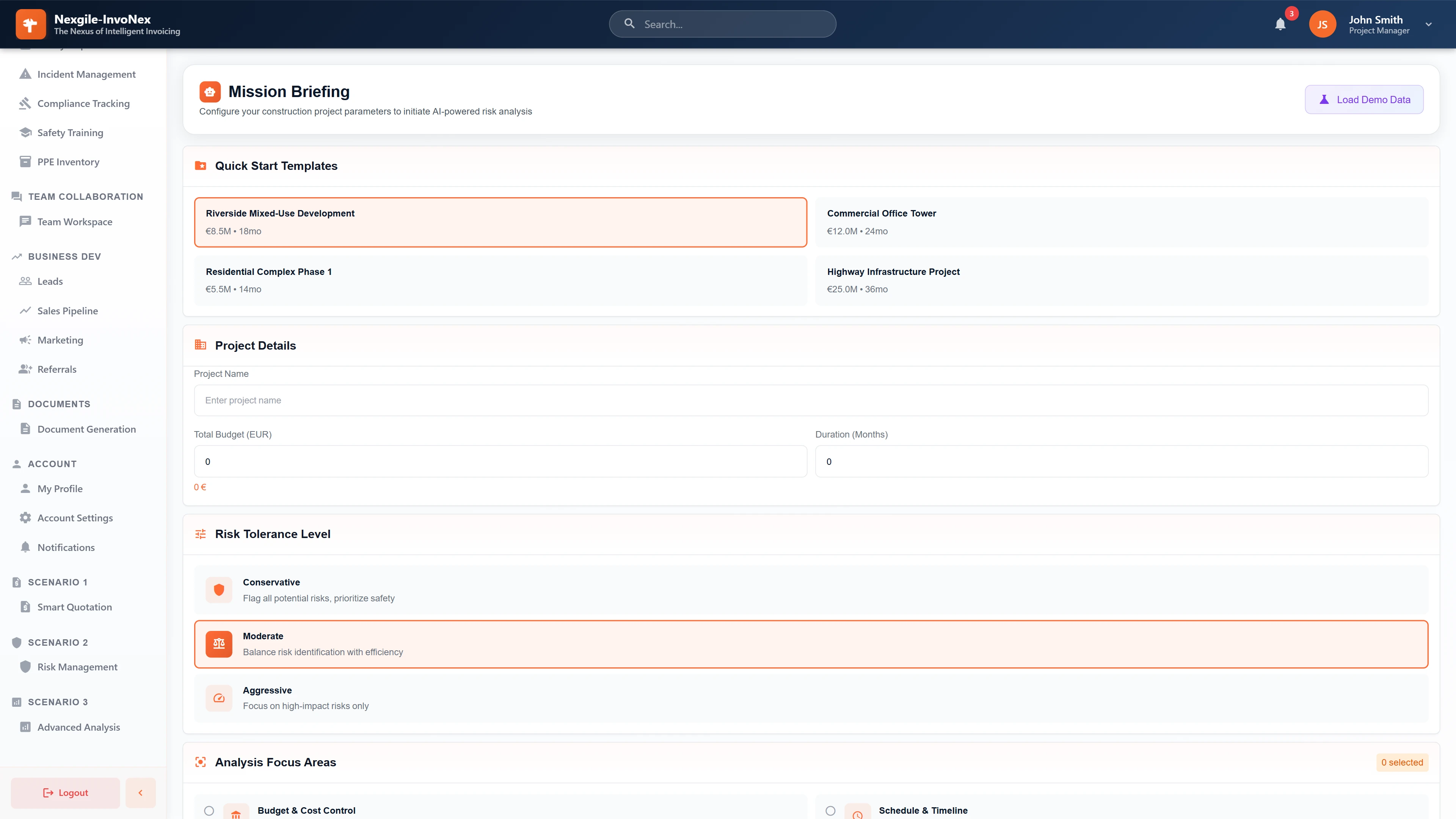 Mission Briefing - Project configuration with quick-start templates, budget/duration inputs, risk tolerance levels (Conservative/Moderate/Aggressive), and analysis focus areas.